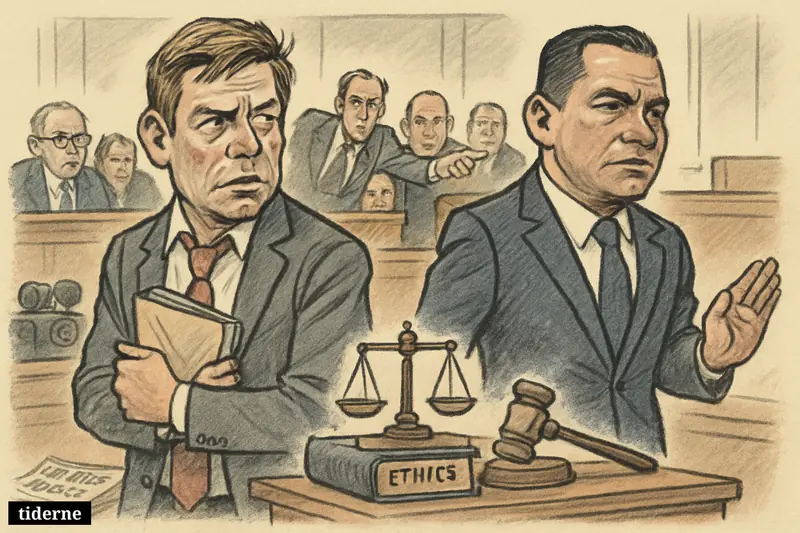 Caricatures of Eric Swalwell and Tony Gonzales retreating in the House chamber as lawmakers watch and ethics symbols sit on a central table.