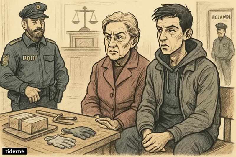 Two detainees sit tensely in a courthouse holding area while police stand guard and evidence trays suggest an explosives case.