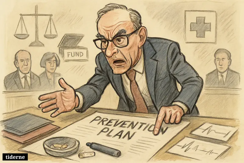 Caricature of Jesper Fisker angrily confronting officials over an incomplete prevention plan, with tobacco and vaping items ignored on a government table.