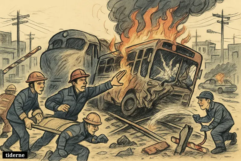 A bus and freight train collide at a Bangkok crossing as rescue workers battle fire and carry a stretcher through the wreckage.