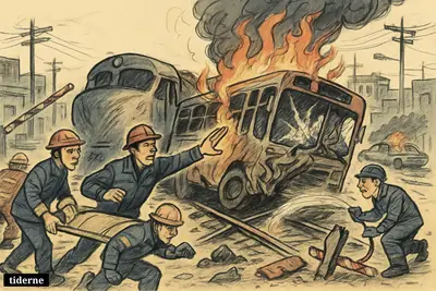 A bus and freight train collide at a Bangkok crossing as rescue workers battle fire and carry a stretcher through the wreckage.