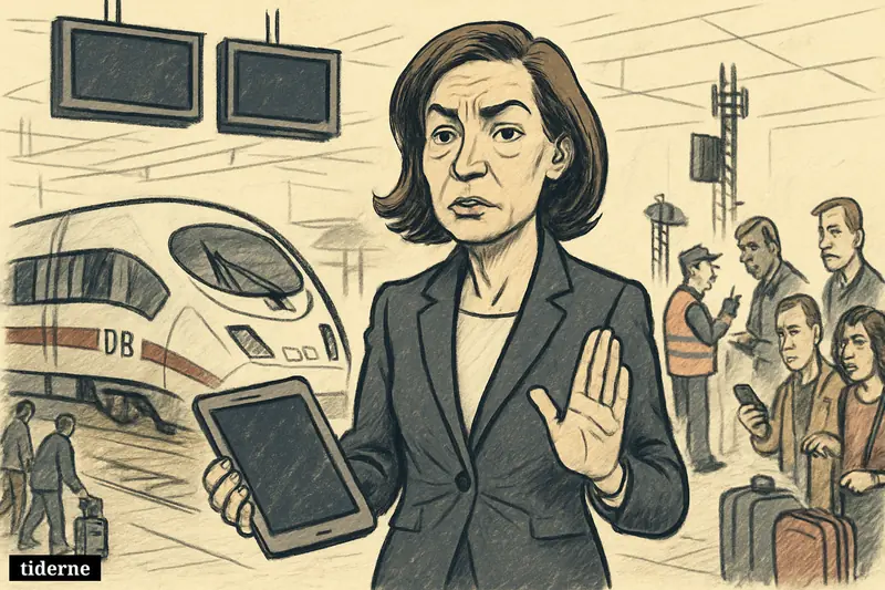 Caricature of Evelyn Palla on a German train platform amid halted trains, confused passengers, and inactive rail communication equipment.
