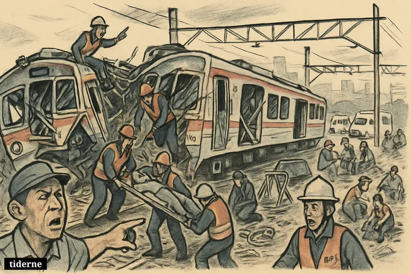 Two crashed commuter trains on one track as rescue workers carry injured people and climb through wreckage near Jakarta.