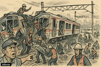 Two crashed commuter trains on one track as rescue workers carry injured people and climb through wreckage near Jakarta.