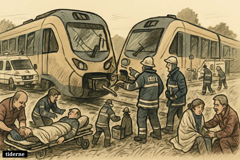 Two local trains have collided head-on as rescue workers treat injured passengers and emergency vehicles gather beside rural tracks.