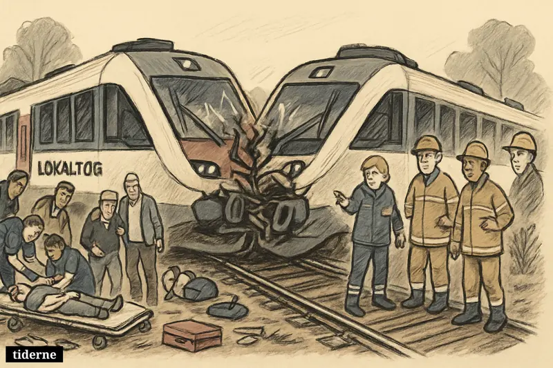 Two collided local trains on a rural track, with emergency responders aiding injured passengers and examining the wreckage.