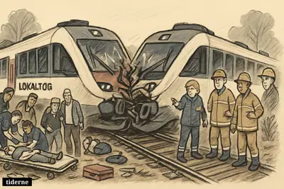 Two collided local trains on a rural track, with emergency responders aiding injured passengers and examining the wreckage.