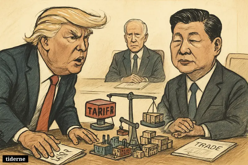 Trump and Xi face each other across a summit table crowded with factories, containers, and tariff props, while Biden sits behind them.