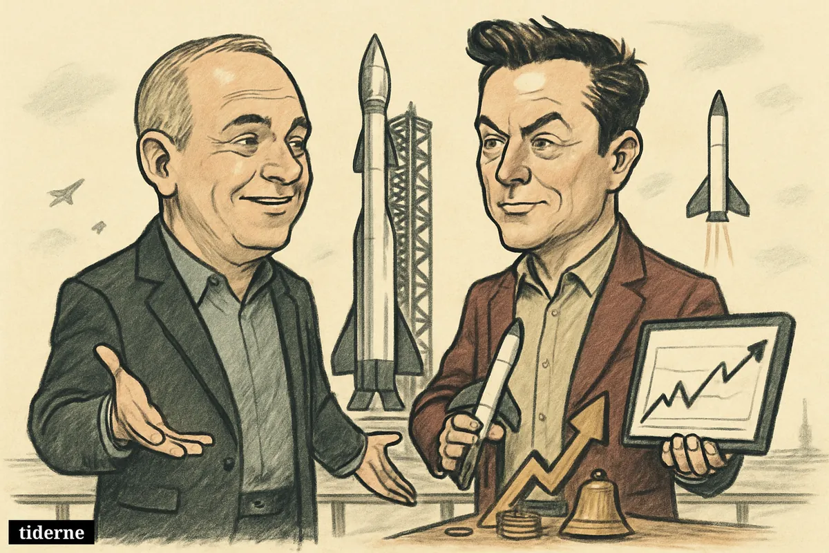 Caricature of Tom Mueller and Elon Musk on a launchpad, with a giant rocket and IPO-themed finance props around them.