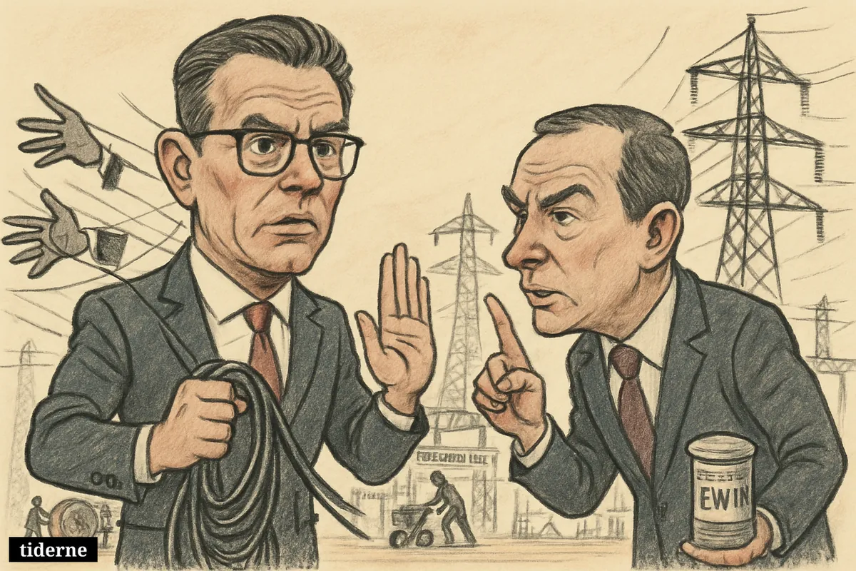 Tommy Ahlers resists puppet strings beside Lars Bonderup Bjørn, with power lines, substations, and grid construction filling the scene. (AI-genereret illustration)
