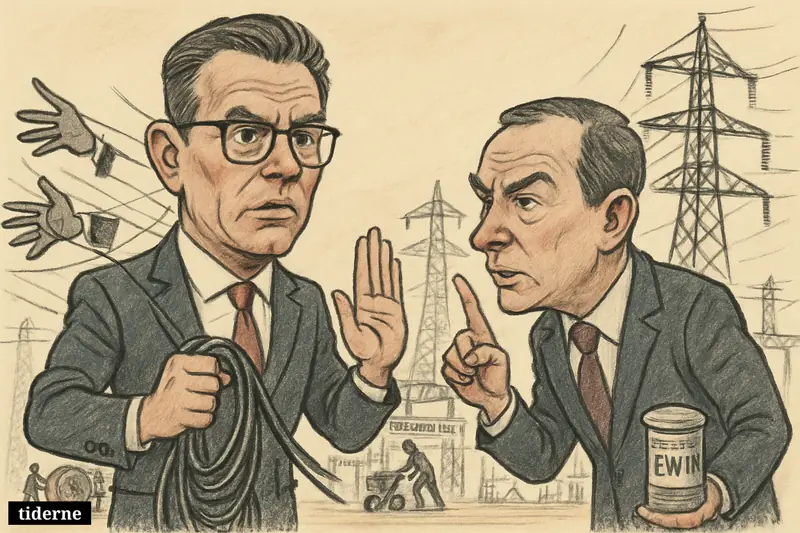 Tommy Ahlers resists puppet strings beside Lars Bonderup Bjørn, with power lines, substations, and grid construction filling the scene. (AI-genereret illustration)