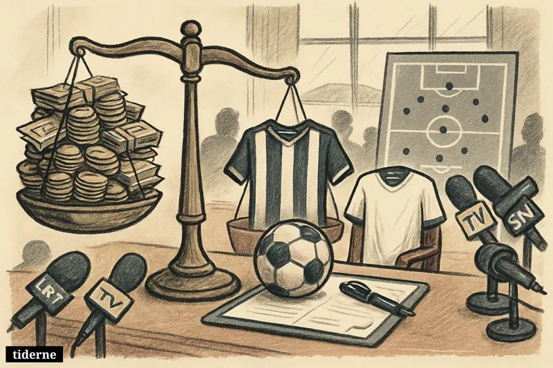 A football transfer boardroom with money on scales, two club shirts, a ball on a contract, and media cameras aimed at the deal.