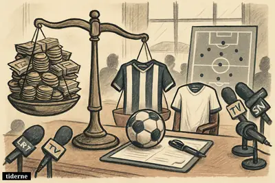 A football transfer boardroom with money on scales, two club shirts, a ball on a contract, and media cameras aimed at the deal.