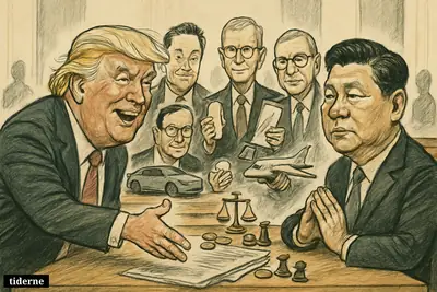 Trump meets Xi at a long table in Beijing, flanked by Musk, Cook, Fink, and Ortberg with business-sector props.