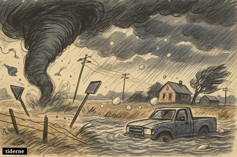 A huge tornado tears through Kansas farmland as hail falls, floodwater traps a truck, and supercell storms spread across the horizon.