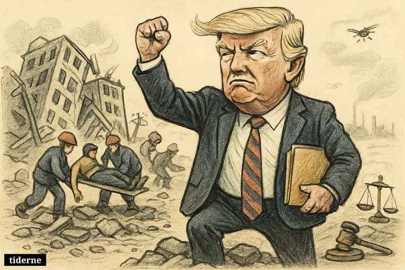 Caricature of Donald Trump posing triumphantly amid earthquake rubble as rescue workers search collapsed buildings in Caracas.