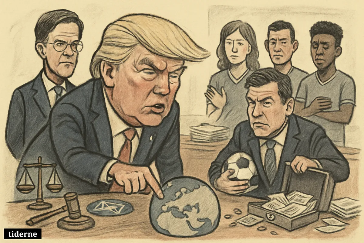Trump points at Greenland during a summit as Rutte watches and Claudio Tapia stands nervously with football and financial investigation symbols. (AI-genereret illustration)