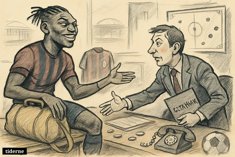 A football transfer office scene with Rafael Leão poised to leave AC Milan as a Tottenham scout eagerly negotiates across a desk.