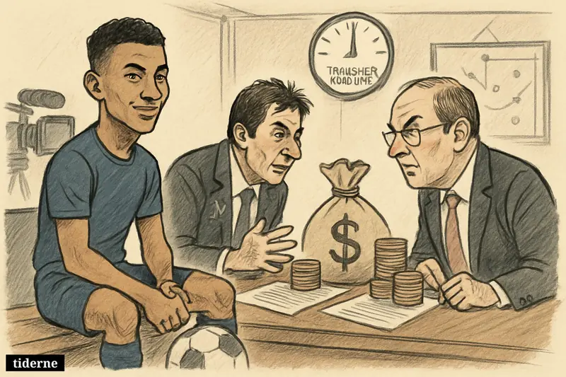 A young football striker sits confidently between two tense club negotiators in a transfer meeting filled with money, contracts, and media equipment. (AI-genereret illustration)