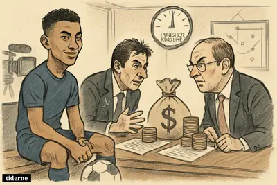 A young football striker sits confidently between two tense club negotiators in a transfer meeting filled with money, contracts, and media equipment. (AI-genereret illustration)
