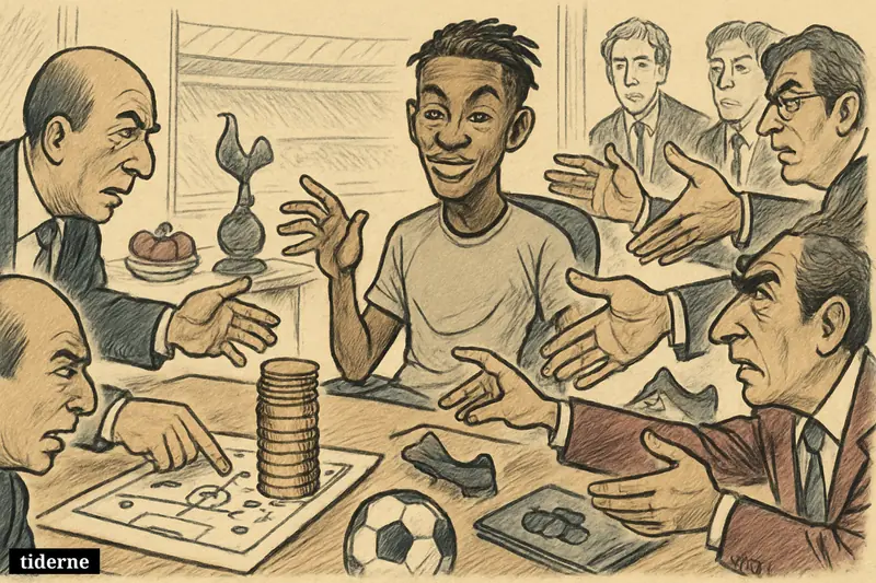 A young football striker sits confidently at a transfer table as club officials reach in with money, tactics, and rival interest symbols.