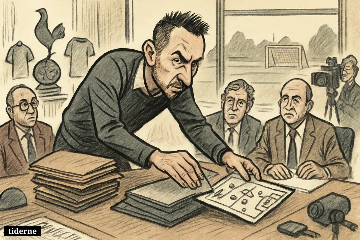 A caricature football boardroom scene shows a manager taking control of transfer plans as executives watch, with Tottenham symbols and media props nearby.