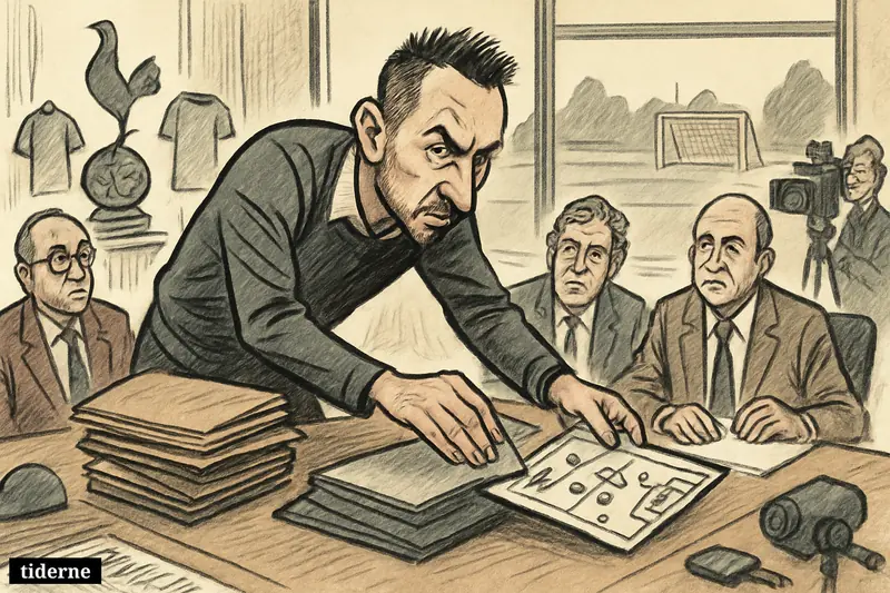 A caricature football boardroom scene shows a manager taking control of transfer plans as executives watch, with Tottenham symbols and media props nearby.