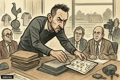A caricature football boardroom scene shows a manager taking control of transfer plans as executives watch, with Tottenham symbols and media props nearby.