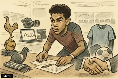A young Brazilian footballer stands over a negotiation table between Tottenham and Manchester City symbols as media devices watch the transfer talks. (AI-genereret illustration)