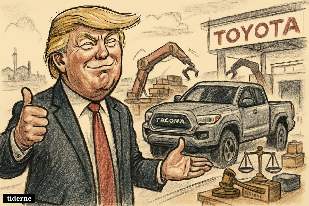 Donald Trump grins and gestures toward a Toyota Tacoma inside a Texas auto plant, with factory equipment and trade symbols behind him.