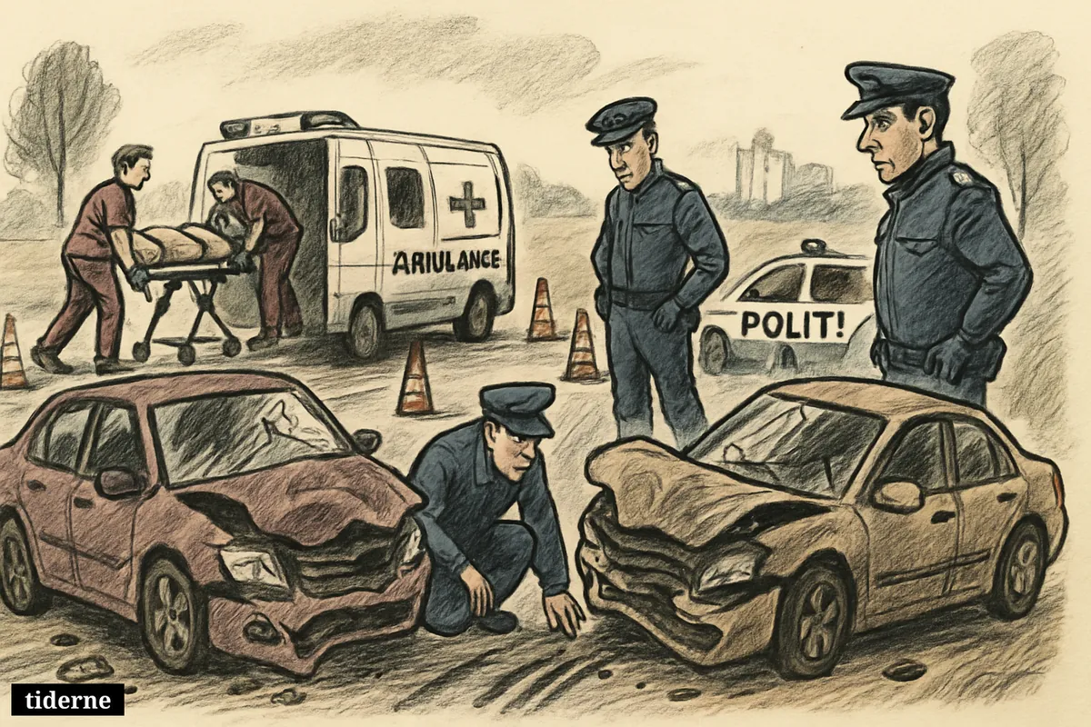 Damaged cars, police examining skid marks, and paramedics loading a stretcher at a rural accident scene with ambulance and patrol car nearby. (AI-genereret illustration)