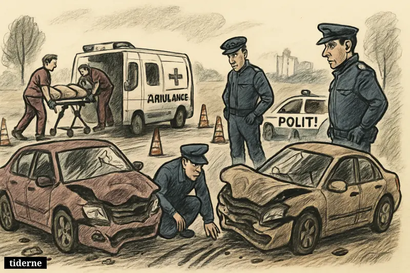Damaged cars, police examining skid marks, and paramedics loading a stretcher at a rural accident scene with ambulance and patrol car nearby. (AI-genereret illustration)