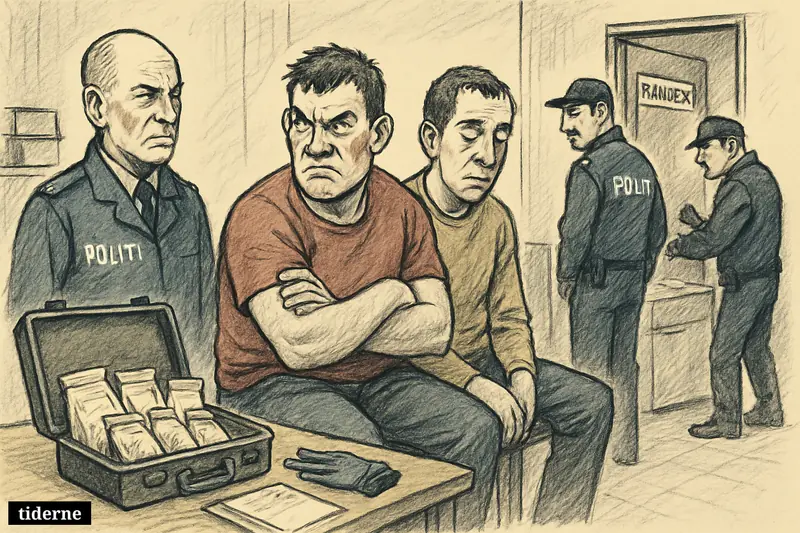 Three detained suspects sit under guard near drug evidence in a courthouse holding area, with search items and an inspected freezer nearby.
