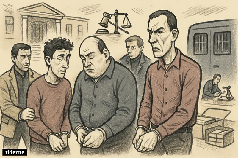 Three convicted figures are escorted from a courthouse toward a prison van, with legal symbols and drug evidence visible nearby. (AI-genereret illustration)