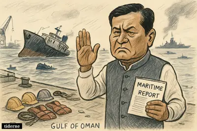 Sarbananda Sonowal protests on a dock beside a damaged tanker, with memorial gear for three dead sailors and rescued crew nearby.