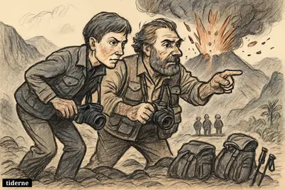 Katia and Maurice Krafft stand on a volcanic ridge near an erupting Indonesian crater, with abandoned hiking gear and distant emergency responders.