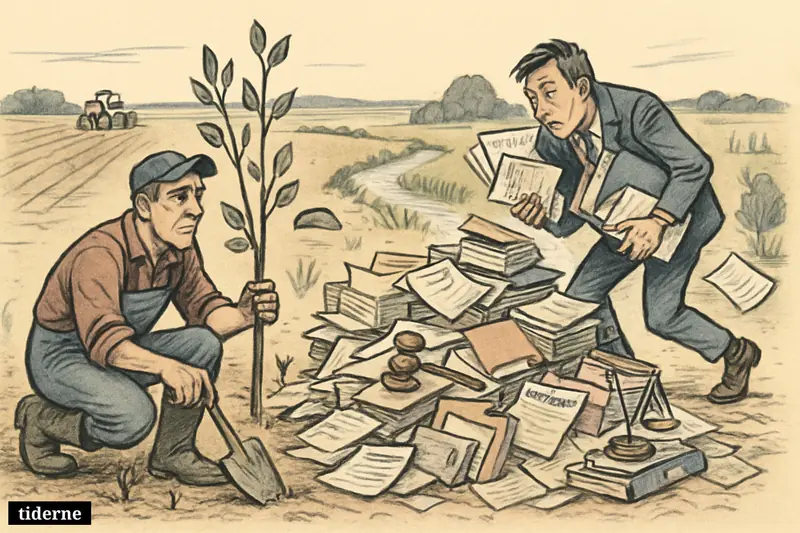 A frustrated farmer and overloaded official face a mountain of paperwork blocking farmland conversion into forest, wetland, and cleaner water.
