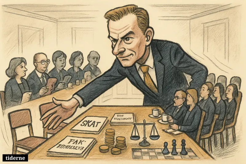 Caricature of Troels Lund Poulsen pulling seven chairs into negotiations while pushing three empty chairs aside in a government meeting room.