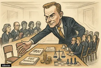 Caricature of Troels Lund Poulsen pulling seven chairs into negotiations while pushing three empty chairs aside in a government meeting room.