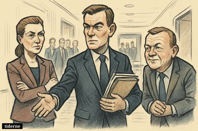Troels Lund Poulsen stands between Mette Frederiksen and Lars Løkke Rasmussen in a hotel negotiation corridor, appearing to decide the next round.