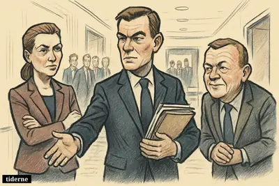 Troels Lund Poulsen stands between Mette Frederiksen and Lars Løkke Rasmussen in a hotel negotiation corridor, appearing to decide the next round.