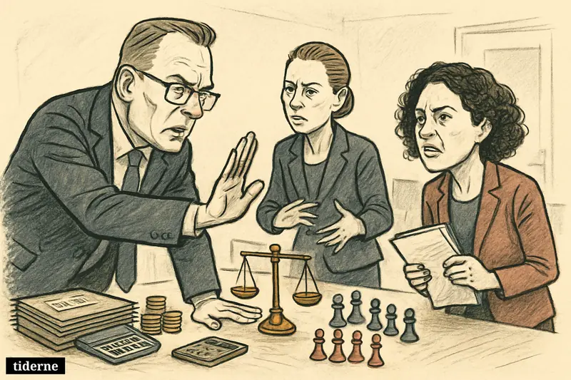 Troels Lund Poulsen blocks Pia Olsen Dyhr at a negotiation table while Mette Frederiksen tries to mediate amid budget props and divided chess pieces.
