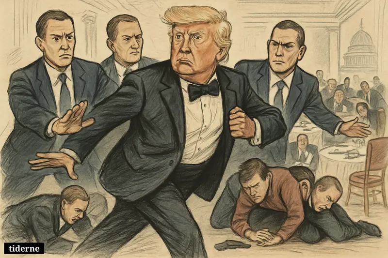 Caricature of Donald Trump being rushed away by Secret Service as agents restrain an armed suspect at a formal Washington dinner.