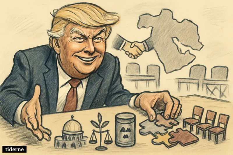Caricature of Donald Trump at a negotiation table, pulling Middle East symbols and empty chairs into a regional diplomatic arrangement.