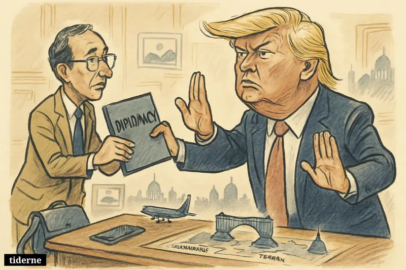 Caricature of Donald Trump pulling back a diplomatic trip folder beside a broken bridge between Islamabad and Tehran.