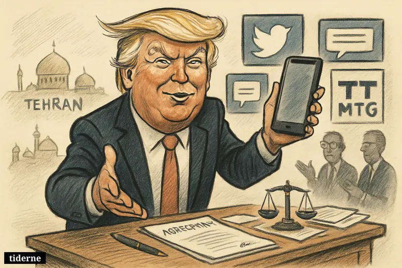 Donald Trump boasts with a smartphone and agreement papers, while Tehran imagery and approving critic figures appear behind him.
