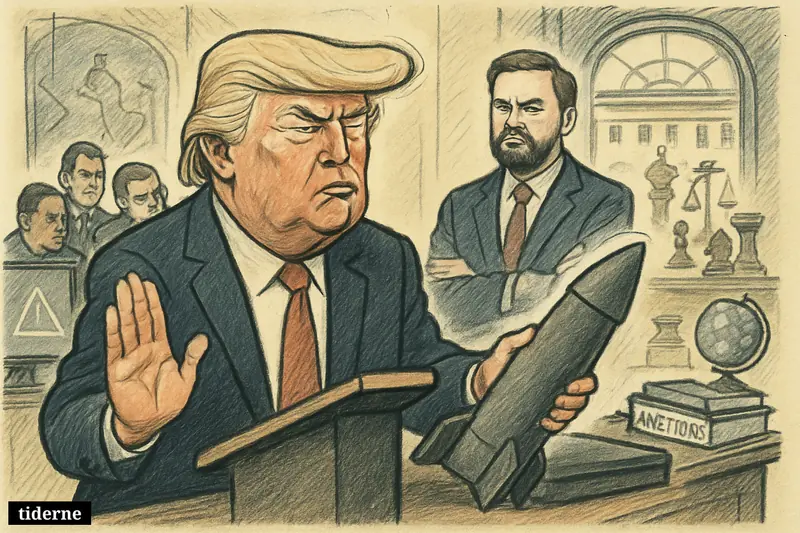 Trump raises a halting hand in the White House while JD Vance watches and tense aides stand near conflict-themed props.