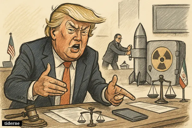 Caricature of Donald Trump gesturing forcefully behind a desk with a smartphone, while nuclear-themed props and U.S.-Iran symbols fill the room.