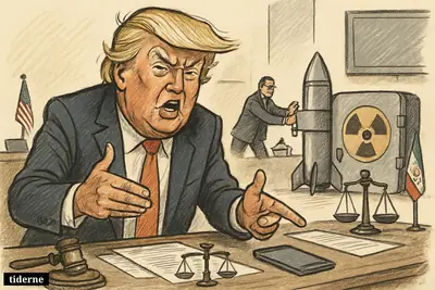 Caricature of Donald Trump gesturing forcefully behind a desk with a smartphone, while nuclear-themed props and U.S.-Iran symbols fill the room.
