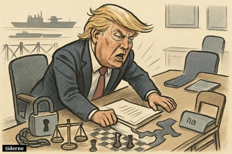 Donald Trump caricature slams papers at a negotiation table, with sanctions props, chess pieces, and Hormuz tanker symbols around him.